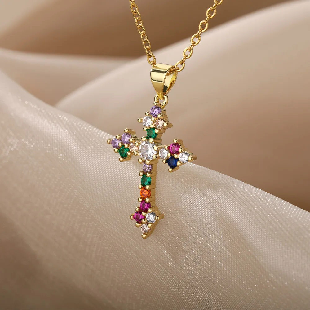 Collane con ciondolo Collana con croce colorata in zircone per donna Acciaio inossidabile Oro Luna Cristallo Gotico Vintage Boho_voghion.com