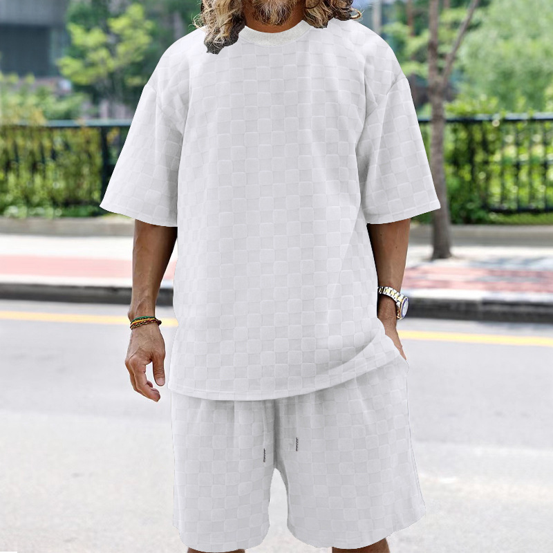Trendy Men's Jacquard Checkerboard Pattern Spring Summer Loose Sports And Leisure Two-piece Set For Men_voghion.com