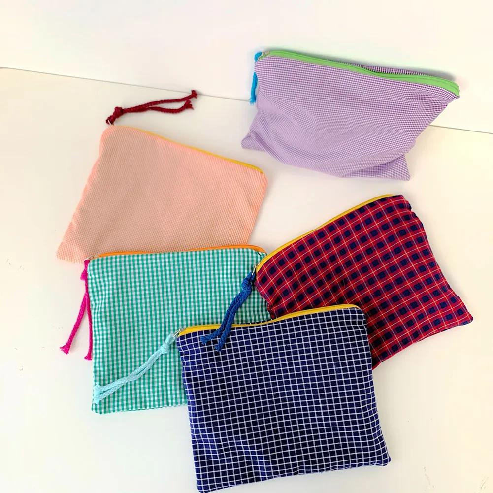 Mode Frauen Plaid Druck Kleine Kosmetik Baumwolle Stoff Make-Up Lagerung Taschen Japan Stil Zipper Kulturbeutel Waschen_voghion.com