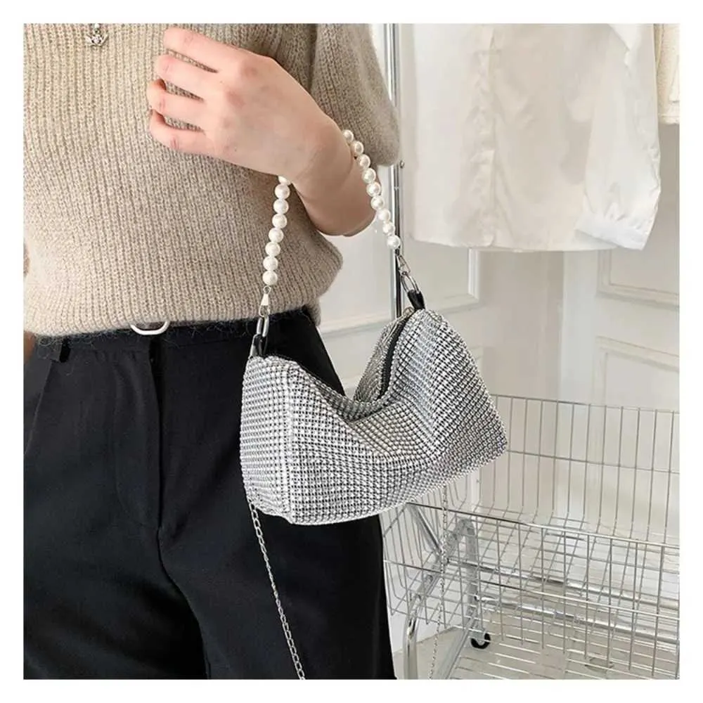Sac messager à fermeture éclair en métal avec poignée en perles, grande capacité, sac à bandoulière décoratif à diamants brillants pour lui/voyage Y241026_voghion.com