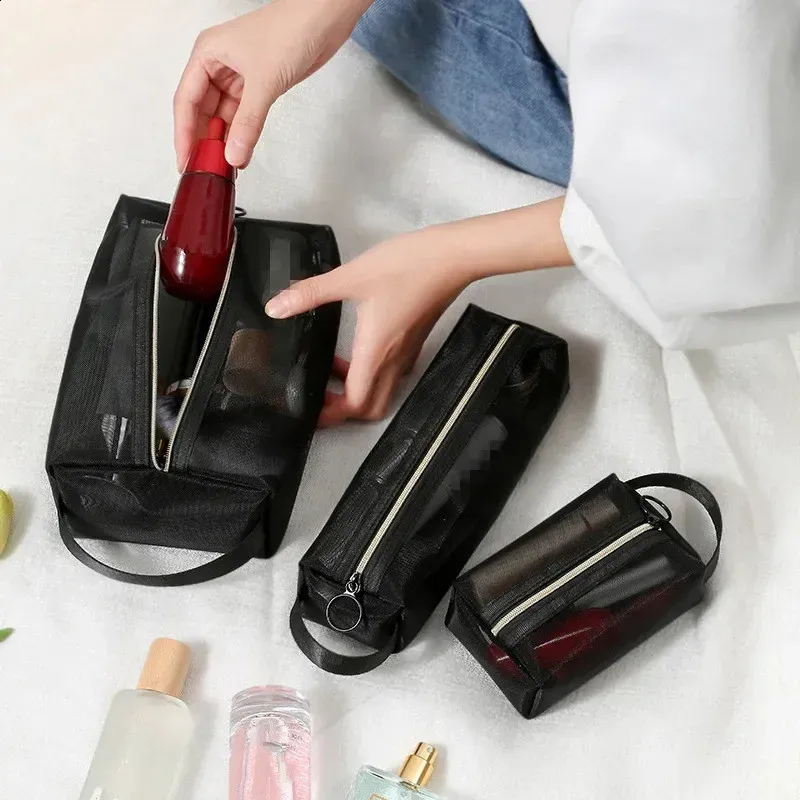Sacs à cosmétiques transparents en maille 3 tailles, petit et grand sac de maquillage noir, organisateur de toilette de voyage Portable, rangement de rouge à lèvres_voghion.com