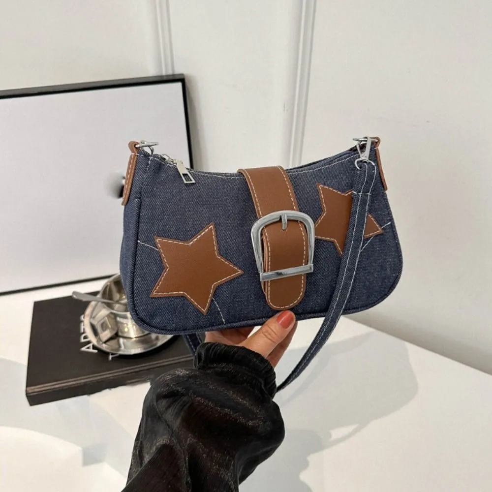 Borsa a tracolla minimalista con cerniera a forma di stella in PU Haruku Y2k, stile coreano, in denim, per ragazze_voghion.com
