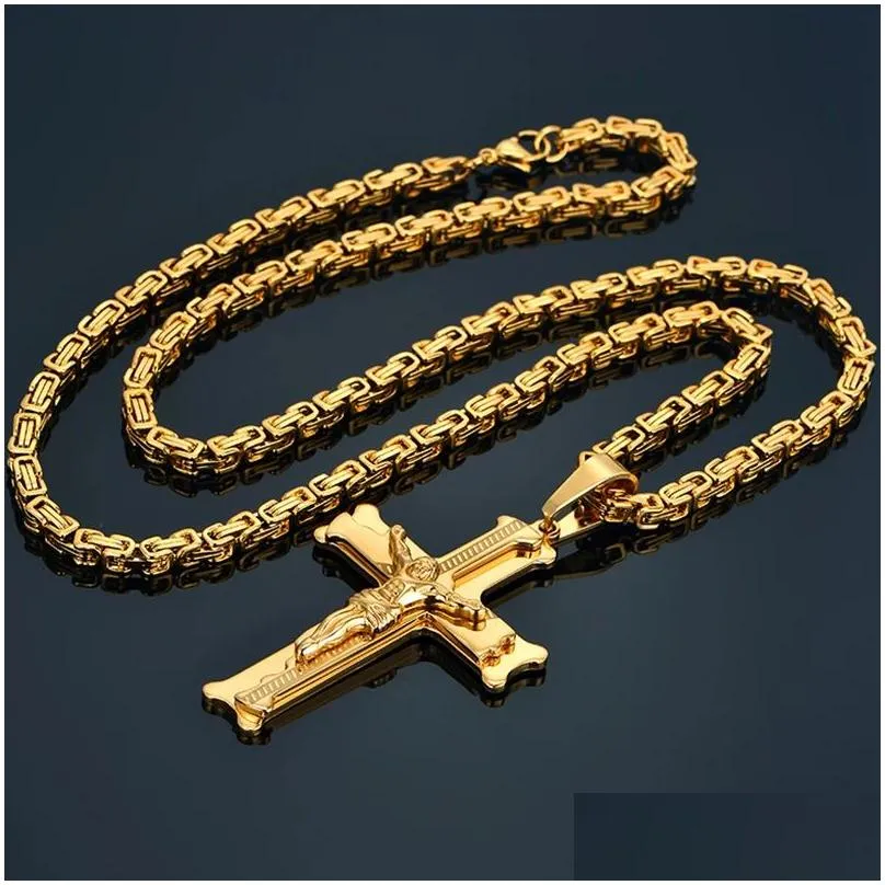 14 karat guld stort Jesus kors vedhæng med lang kæde herre farve krucifiks halskæder mandlige relius smykker drop levering_voghion.com