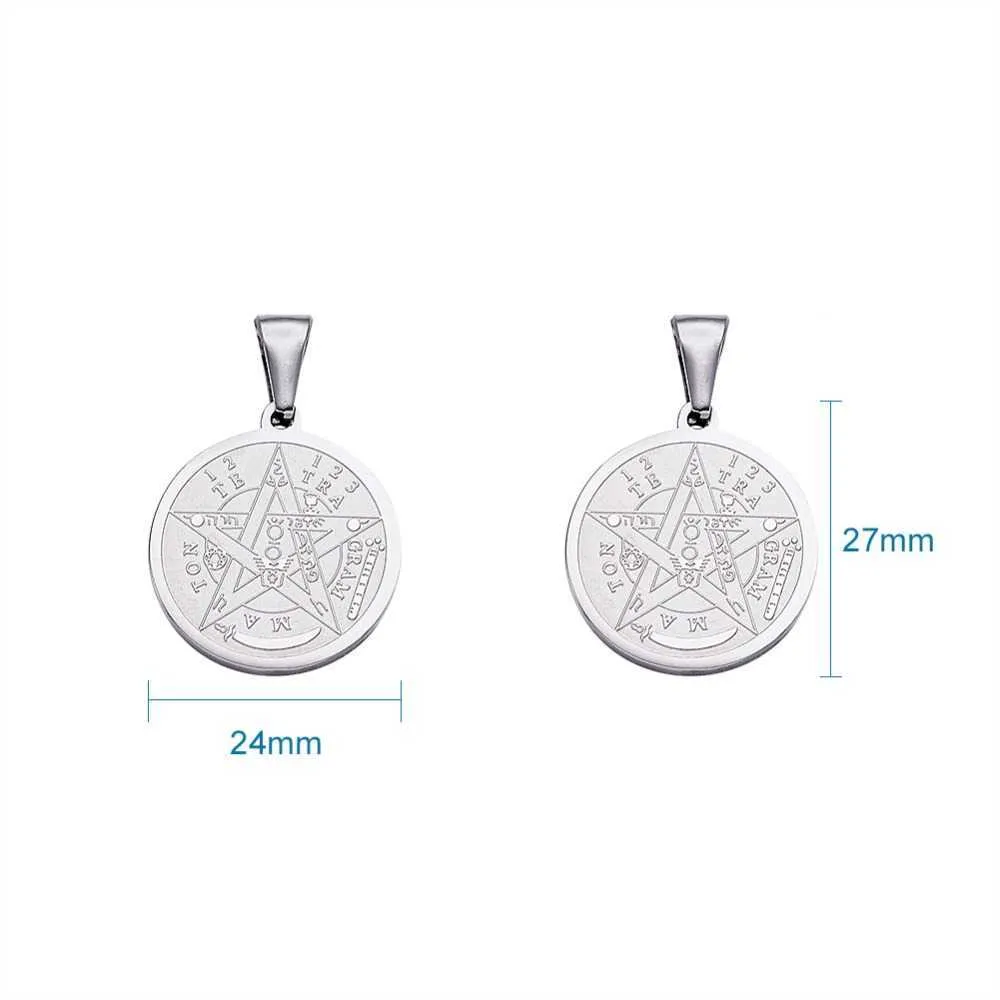 Lot de 10 pendentifs Wiccan en acier inoxydable 304, ronds et plats, sculptés, tétragramme, pentagramme, classique, 27 x 24 x 2 mm, trou : 9 x 5 mm, G0927_voghion.com