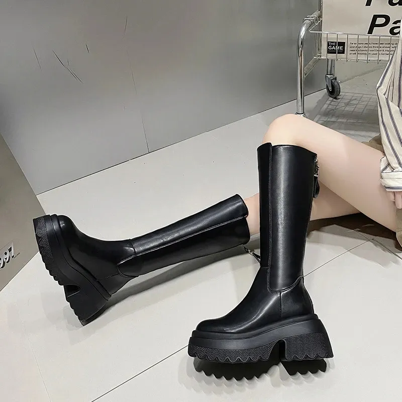 Knee High Platform Boots Women Retro Punk Style Leather Booties_voghion.com