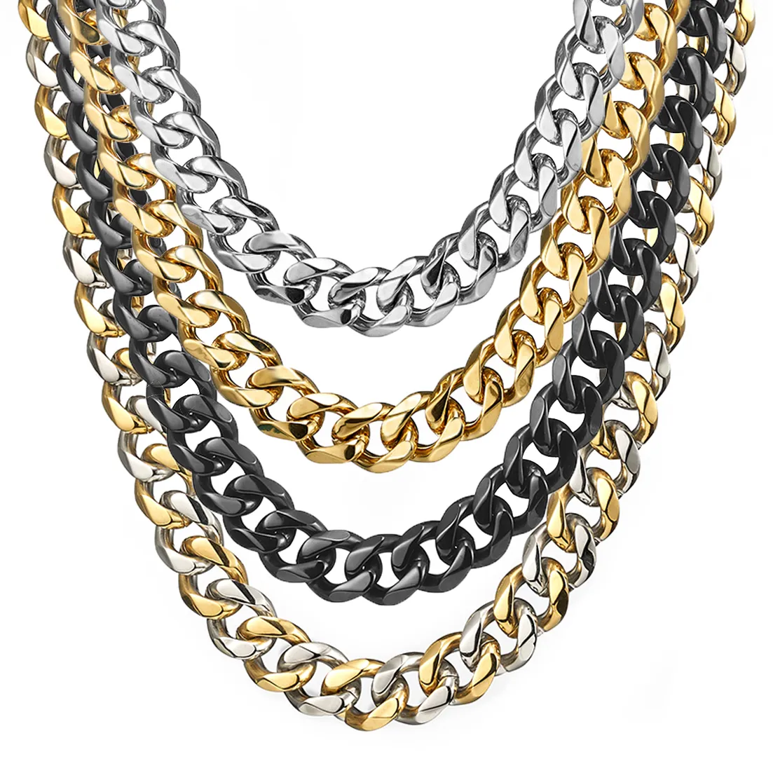 Chaînes 13/15 mm de large Hip-hop en acier inoxydable couleur argent/or/noir chaîne cubaine gourmette pour hommes et femmes collier ou bracelet_voghion.com