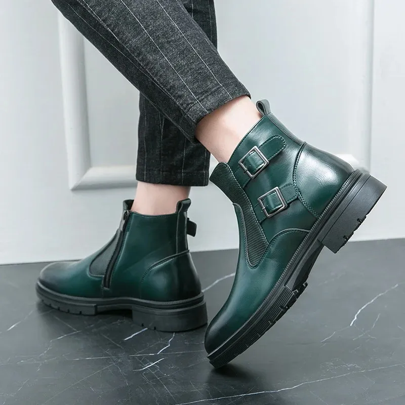 Classic Leather Business Ankle Boots For Men With Double Buckle_voghion.com