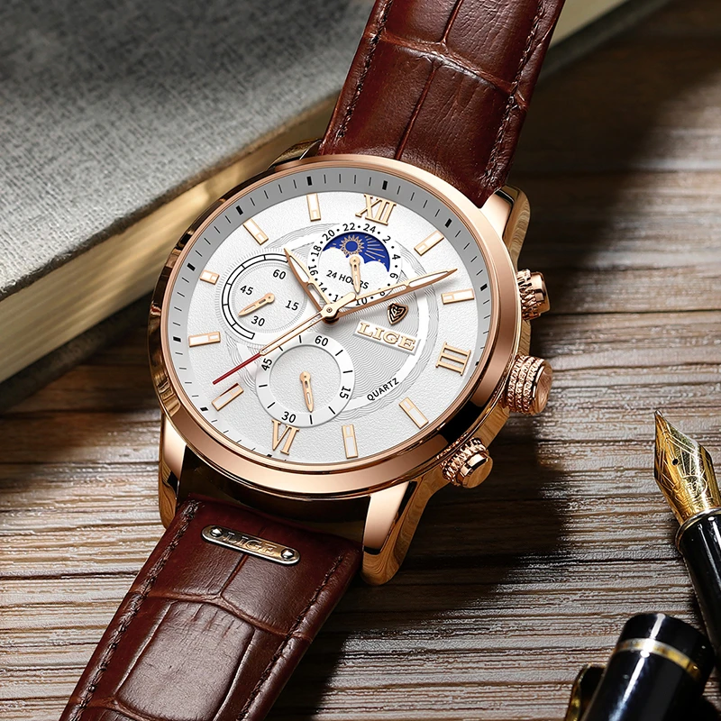 Men's Luxury Quartz Chronograph Watch With Leather Strap & Box_voghion.com