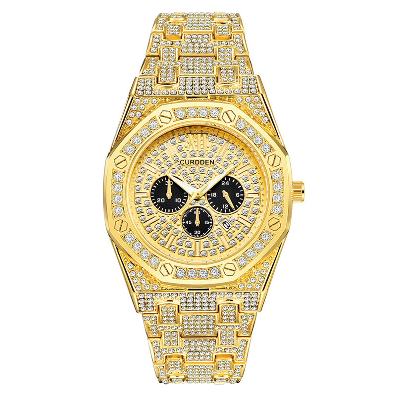 Men's Hip Hop Watch With Diamond Accents - Stylish Quartz Watch With Calendar Function, 41mm Round Dial, Alloy Band, Gold & Silver Options_voghion.com