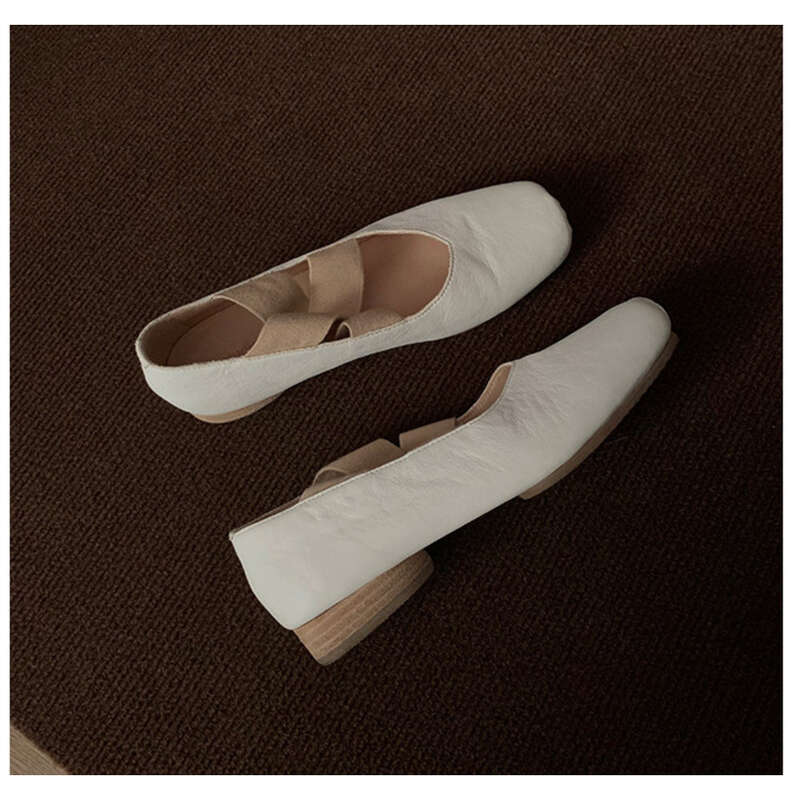 Women's Ballet Leather Square Toe French Shallow Cross Strap Soft Sole Mary Jane Shoes_voghion.com