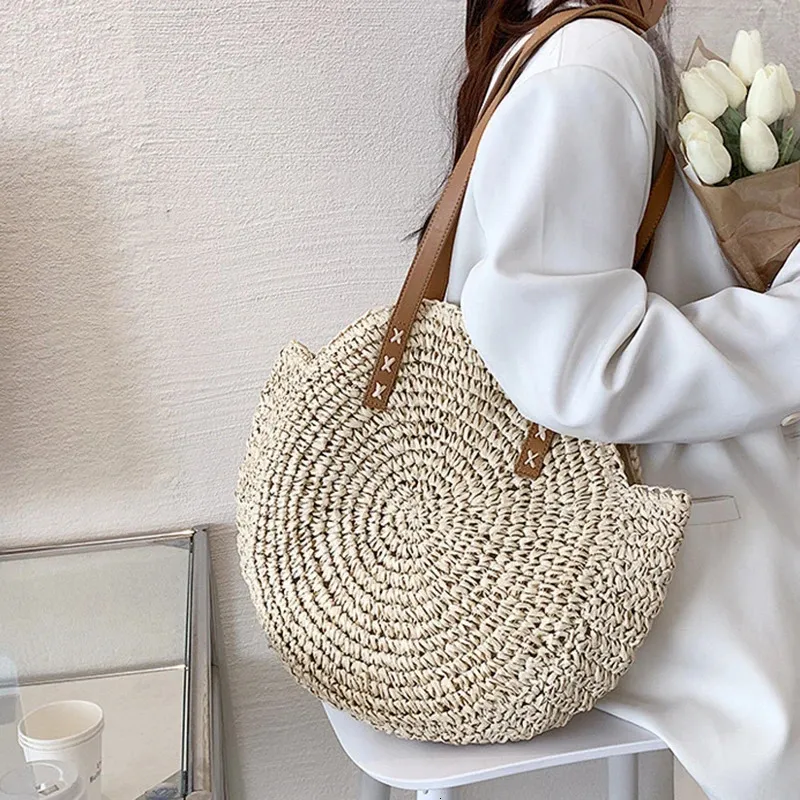 Damen Stroh Schultertasche Für Den Strand Große Handtasche_voghion.com