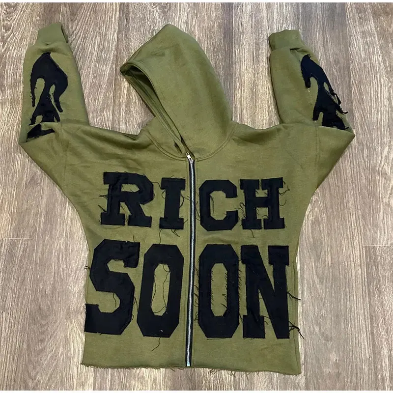 Street Rich Soon Bedruckter Kapuzenpullover für Männer, trendiger Y2k-Kapuzenpullover mit langen Ärmeln und Reißverschluss, Herbsttasche, lockere Kapuzenpullover_voghion.com
