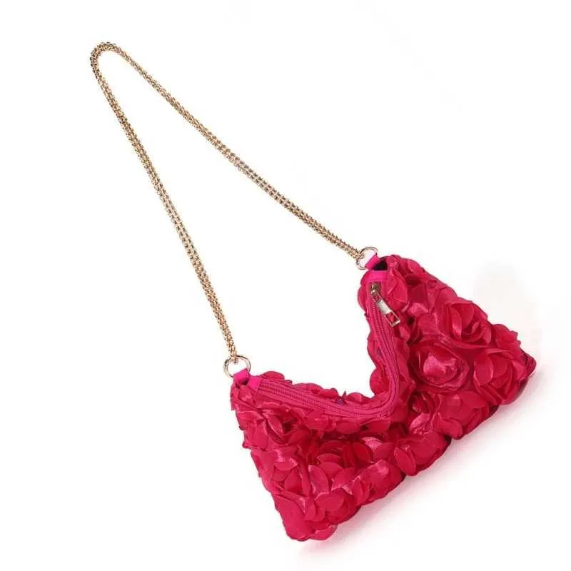 E74B 3D Rose ral Pochette de soirée pour femme en satin pailleté Sac à main bandoulière Sac à main avec chaîne pour fêtes de mariage_voghion.com