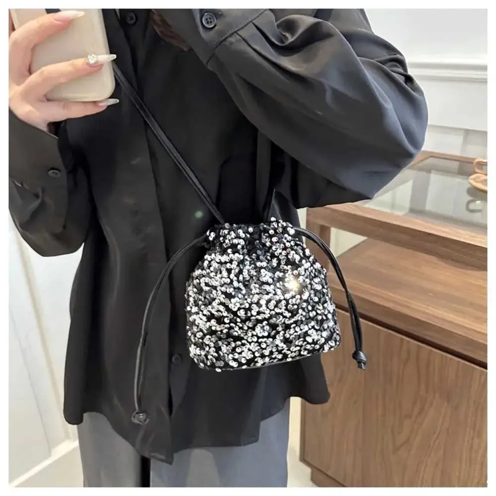 Borsa a tracolla con paillettes versatile alla moda, semplice e alla moda, piccola borsa a mano con coulisse, borsa a secchiello da festa_voghion.com