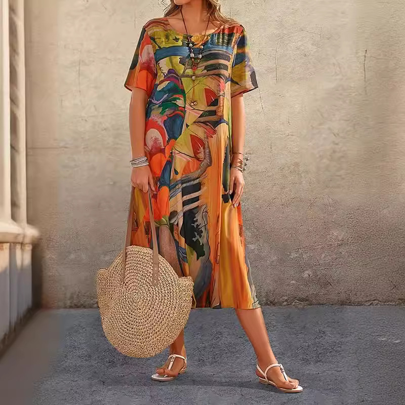  Robe imprimée décontractée pour femmes, manches courtes, taille, col rond, robe de plage ample, été_voghion.com