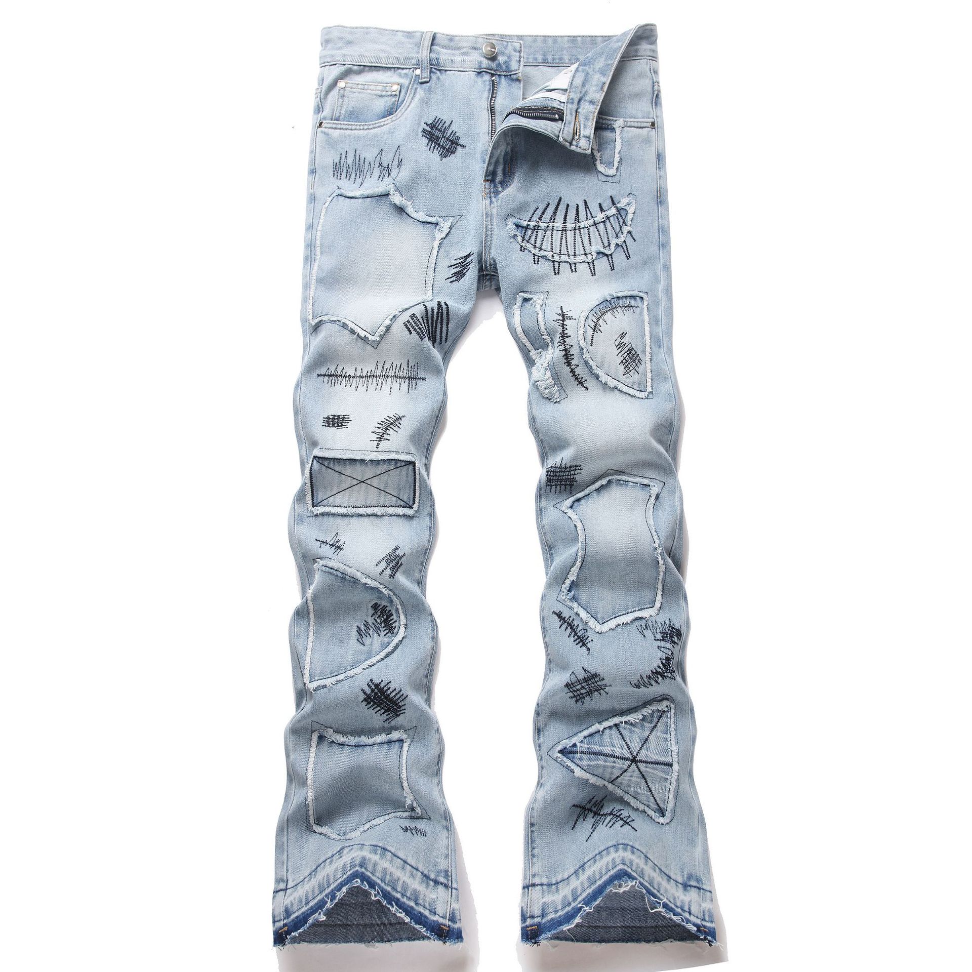 ​​Men’s High Street Graffiti Embroidered Patchwork Denim Pants – Vintage Blue Flared Jeans (28-42)​​