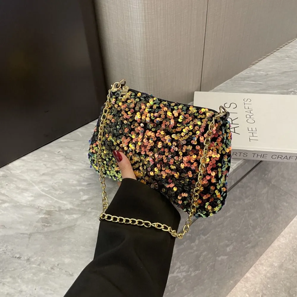 Borsa a tracolla con catena, tinta unita, stile coreano, con paillettes, per telefono, da sera, per cena e feste_voghion.com