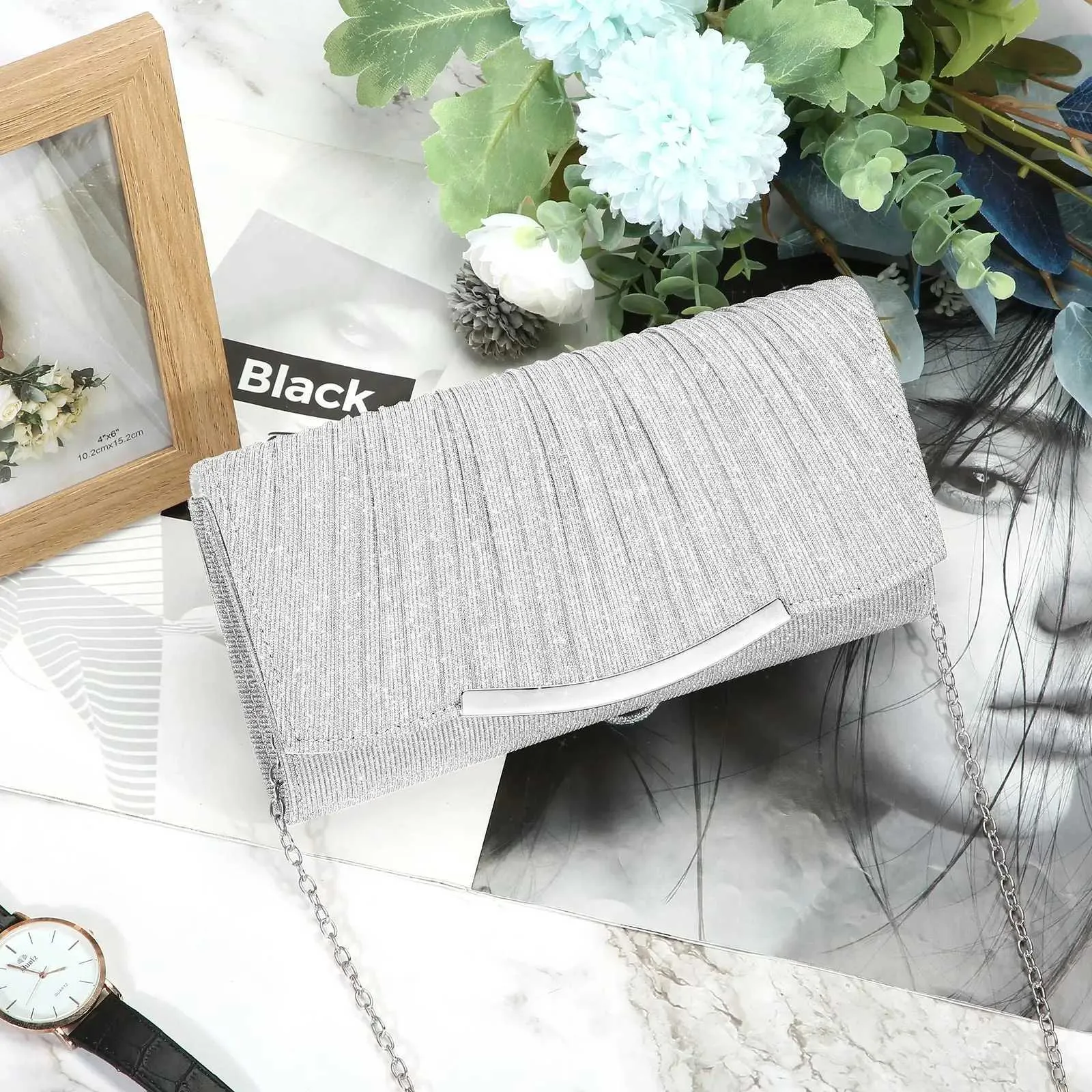 Kadın Akşam Parlayan Flaş Çanta Metal Zincir Omuz Çapraz Çanta Düğün Parti Ziyafet Clutch Cüzdan Y241019_voghion.com