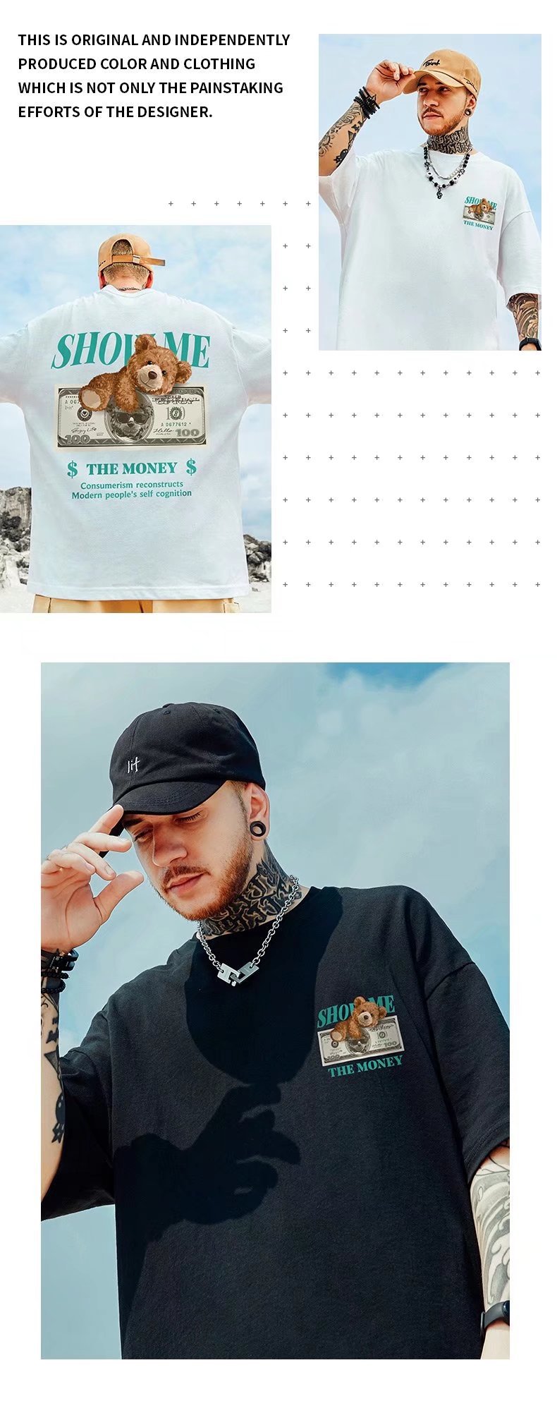 Oversized kort T-shirt til mænd, bjørn, løs pasform hiphop Instagram, trendy par, personlig halværmet trend_voghion.com