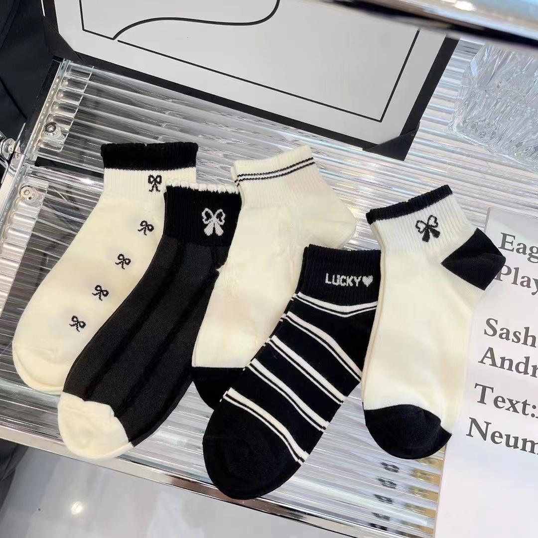 10 paia di calzini bianchi e neri da donna estivi sottili alla moda in stile college all-match semplice amore barca da donna_voghion.com