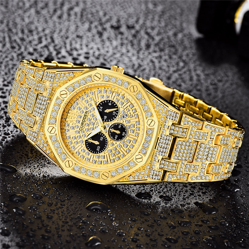 Men's Hip Hop Watch With Diamond Accents - Stylish Quartz Watch With Calendar Function, 41mm Round Dial, Alloy Band, Gold & Silver Options_voghion.com