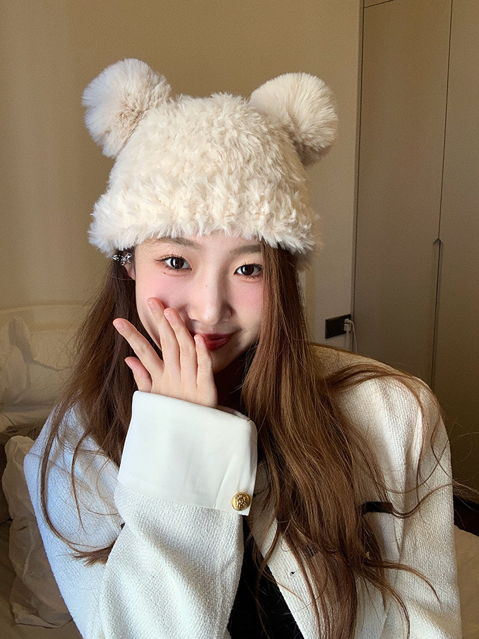 Autumn and Winter Cute Little Bear Plush Ear Protection for Children's Versatile Warmth Double Hair Ball Knitted Hat_voghion.com