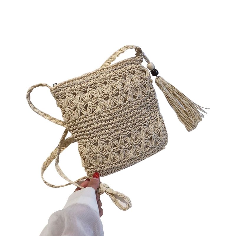 Women Beach Woven Straw Shoulder Messenger Bag with Tassel Boho Hollow Out Crochet Crossbody Handbag rame Purse_voghion.com