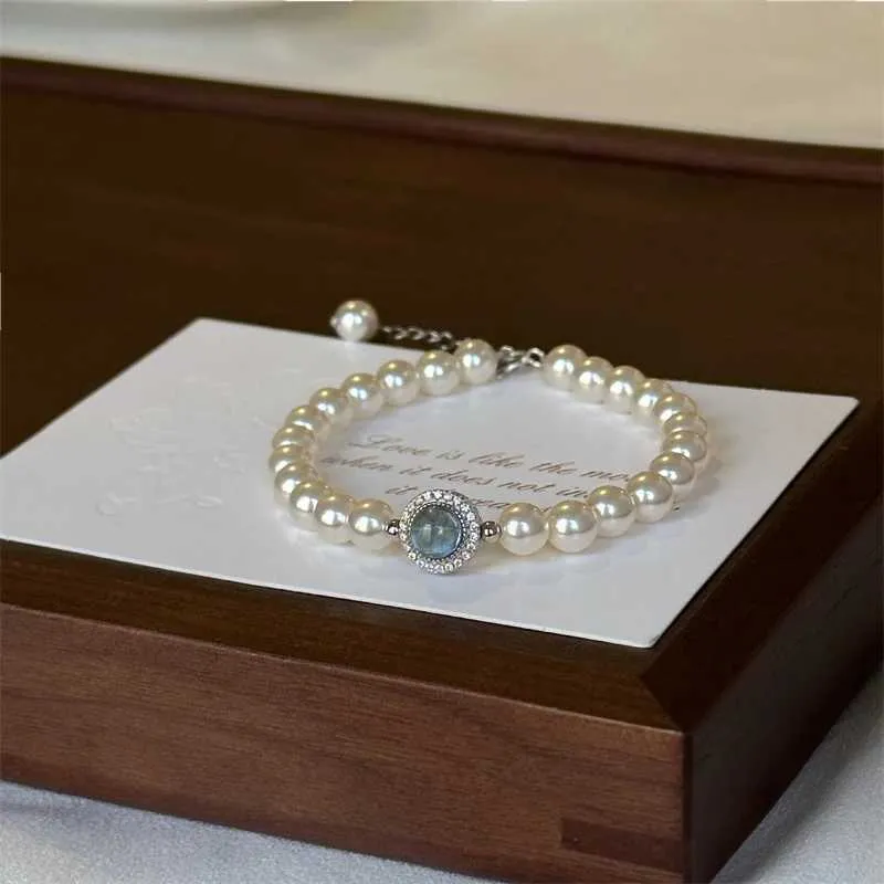 Elegant Pearl And Aquamarine Gemstone Bangle For Wedding Gift_voghion.com