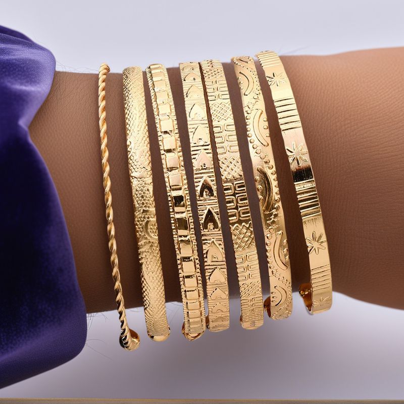 Retro Personality Exaggerated Wide Gold Glossy Multi Element Set Bracelet_voghion.com