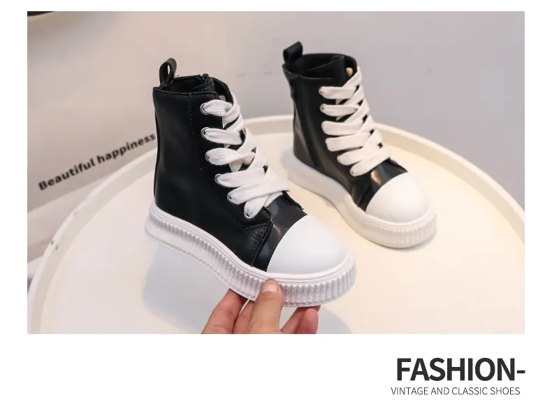 Tênis plataforma infantil preto vermelho couro zíper cadarço crianças meninos meninas casual happysteps fundo grosso criança alta_voghion.com