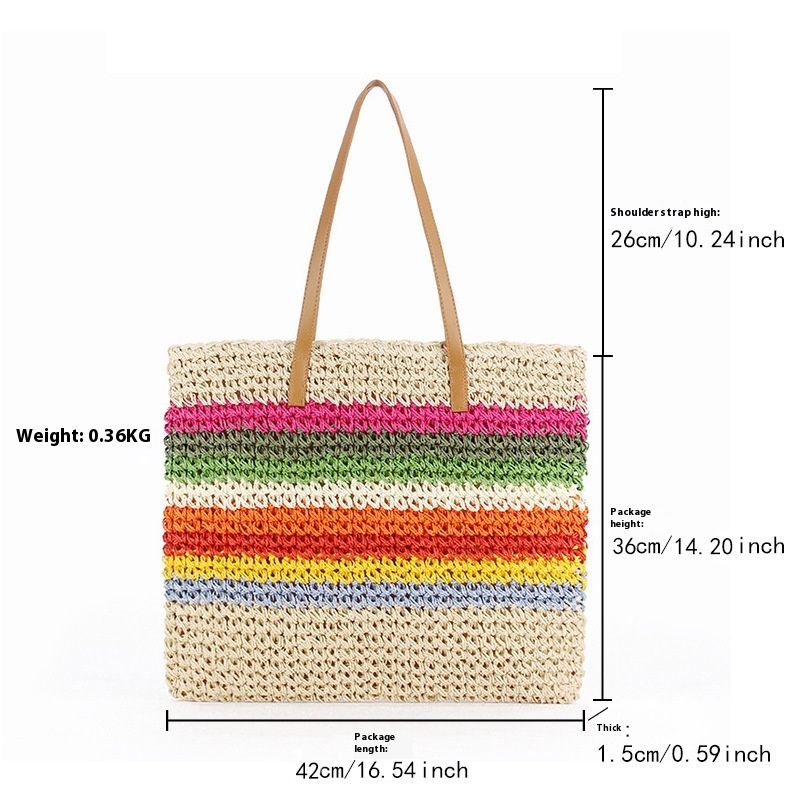 Neue kontrastierend gestreifte Einzelschultertasche aus gewebtem Papier Regenbogen-Stil, Strandtasche, Damentasche im_voghion.com