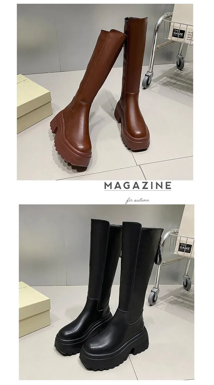 Knee High Platform Boots Women Retro Punk Style Leather Booties_voghion.com