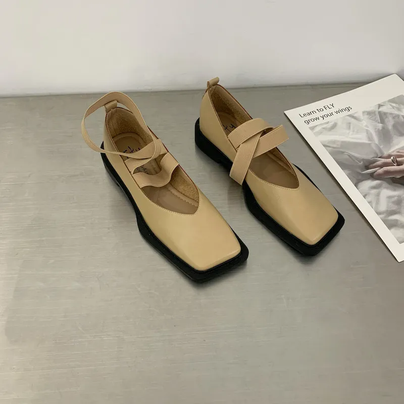 Mocassini singoli in pelle da donna, primavera 2022, nuovi, alla moda, con testa quadrata, fondo piatto, bocca bassa, scarpe basse_voghion.com