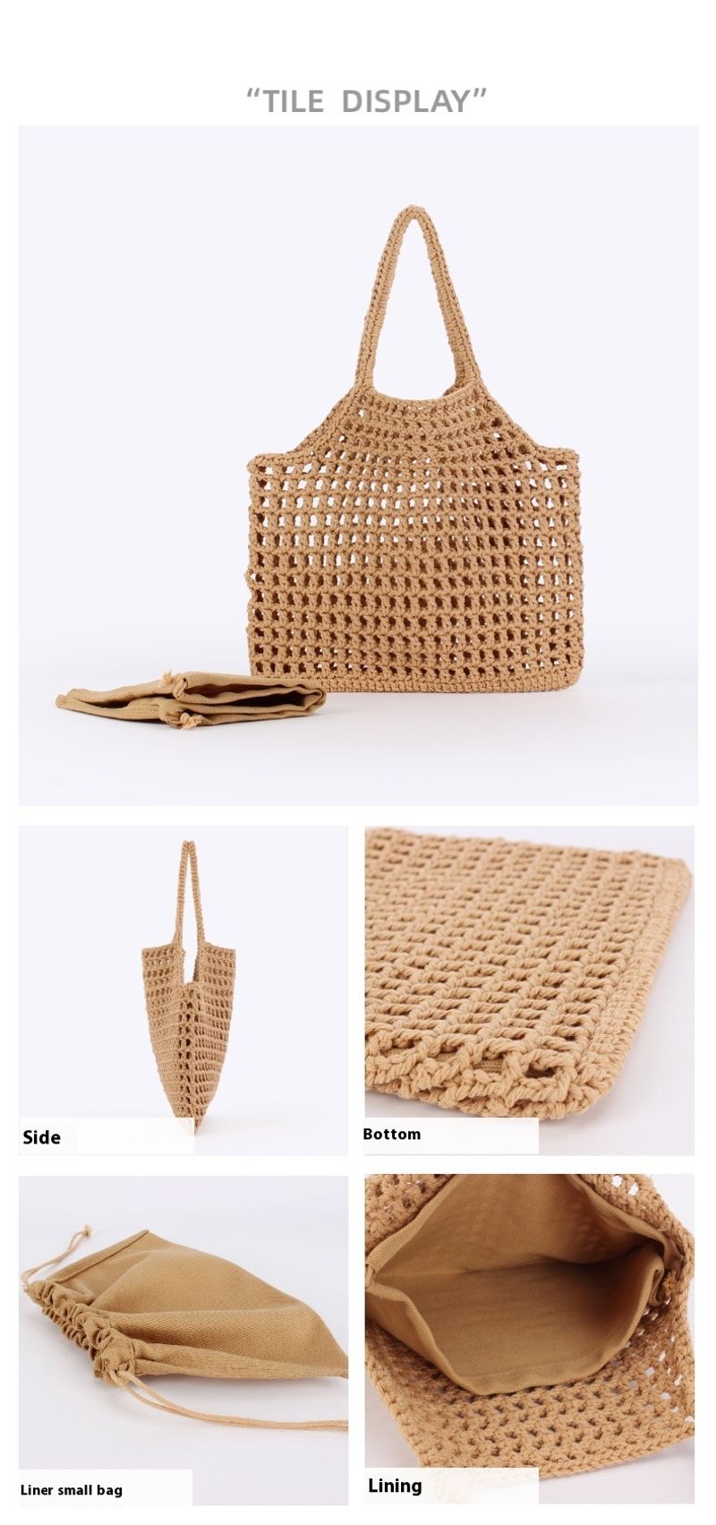 Borsa in corda di cotone naturale artistica estiva Forest, borsa intrecciata a mano, rete da pesca cava, borsa in stile festivo per_voghion.com