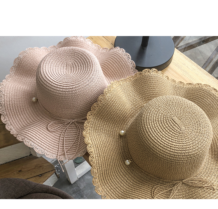 Hat for women in summer, small refreshing waves, large brimmed straw Korean version, versatile pearl, casual protection,_voghion.com