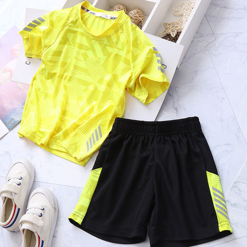 Ensemble de vêtements pour enfants, motif géométrique moyen et grand, 2025, t-shirt à manches courtes, ensemble deux pièces tendance pour garçons_voghion.com