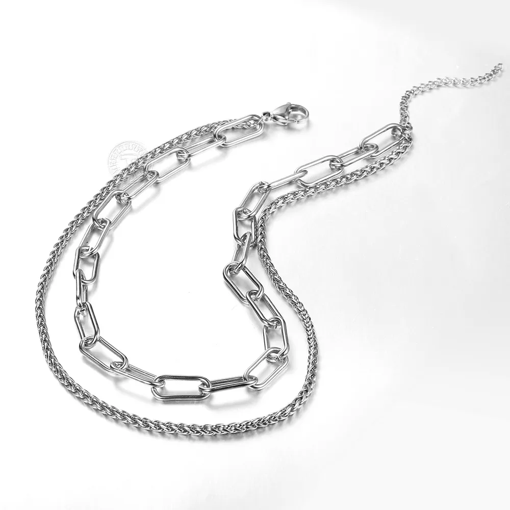 Pendant Necklaces Double Layer Women Necklace Stainless Steel Box Link Paperclip Chain Choker For Girls Sier Color_voghion.com