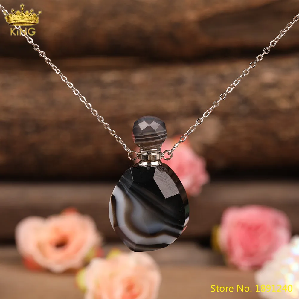 Collares colgantes con piedra de ágata negra natural facetada, botella de perfume para mujer, collar difusor de aceite esencial de ónix dorado_voghion.com