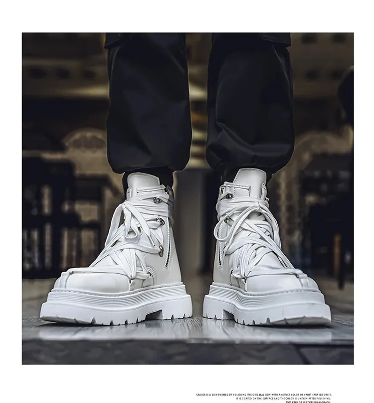 Bottines courtes en cuir à plateforme pour homme, chaussures de moto noires à la mode, style streetwear, 250114_voghion.com