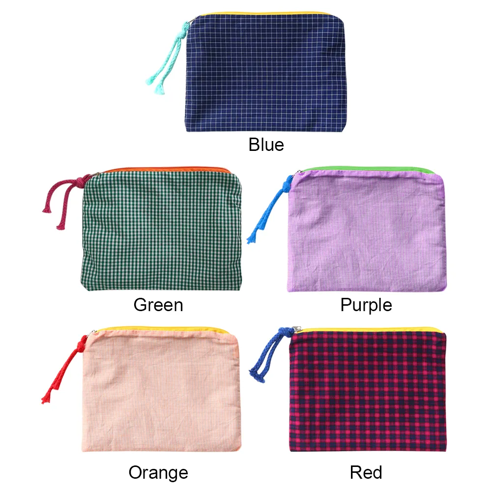 Mode Frauen Plaid Druck Kleine Kosmetik Baumwolle Stoff Make-Up Lagerung Taschen Japan Stil Zipper Kulturbeutel Waschen_voghion.com