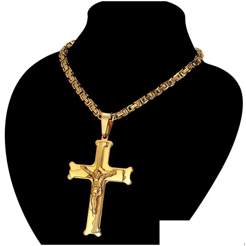 14 karat guld stort Jesus kors vedhæng med lang kæde herre farve krucifiks halskæder mandlige relius smykker drop levering_voghion.com