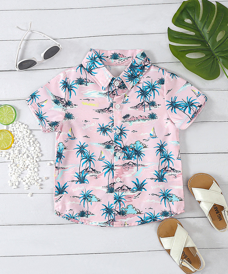 Mother&Kids Boys short-sleeved shirt Children's summer beach wind Beach holiday coconut print casual top trend_voghion.com