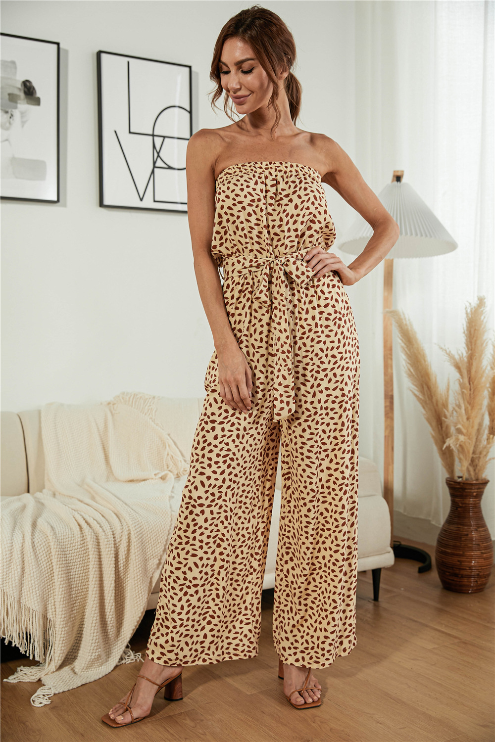 Nuevos productos de verano para mujer, nuevo mono de pierna ancha con cordones y estampado de lunares en forma de corazón y top de tubo sexy_voghion.com