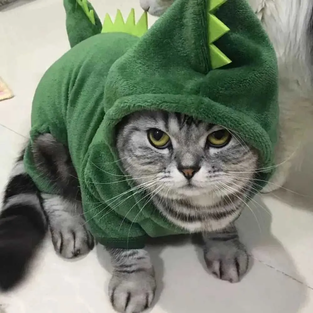 Felpe con cappuccio di dinosauro di Halloween Giacca calda per cani di piccola taglia Costume di Natale per gatti Vestiti per animali domestici per cuccioli Gattino Verde_voghion.com
