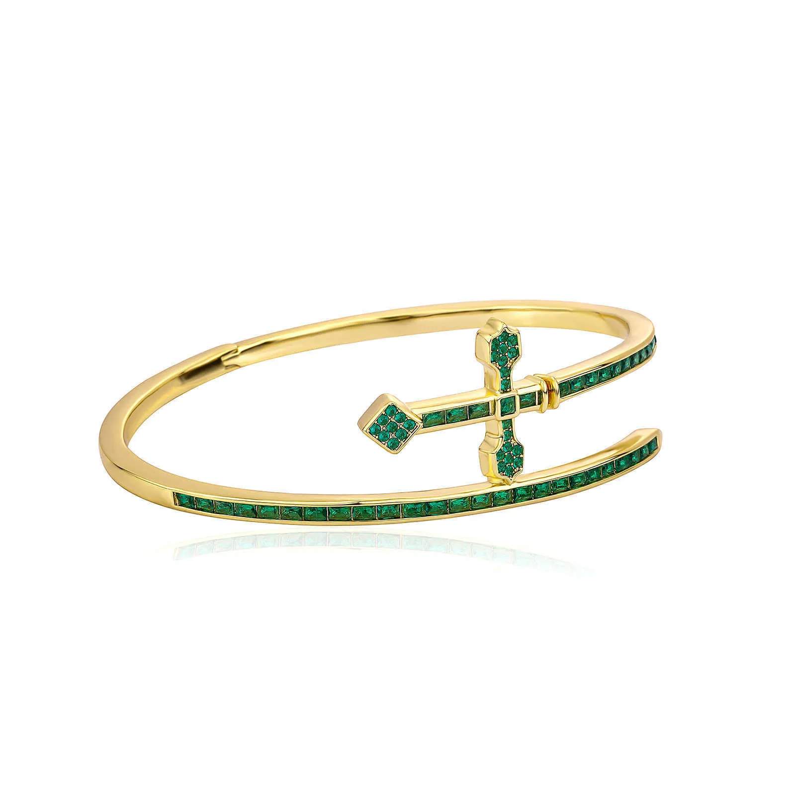 Sword Of Justice Symble Open Cuff Bangle Bracelet Ins Hip Hop Cross Green Purple Color AAA CZ Stone Shiny Cubic Zirconia_voghion.com