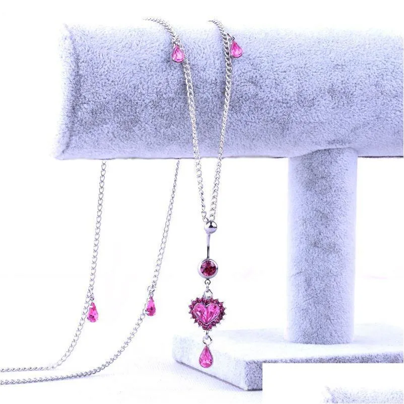 Wassertropfen Pfirsich Herz Kristall Bauchketten Baumeln Knopf Ring Mit Taille Kette Strass Nabel Piercing Körperschmuck_voghion.com