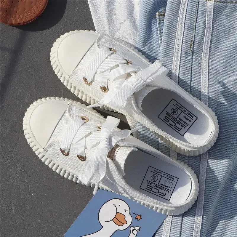 Sneakers estive da donna, pantofole e sandali da donna, ciabatte sportive con fiocco, scarpe alte, punta tonda, cotone, junior, bianco F_voghion.com