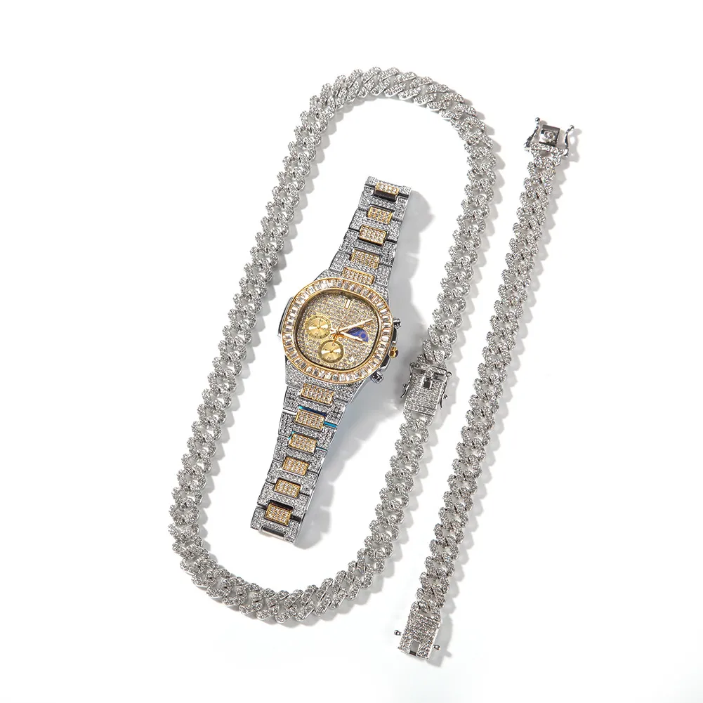 Set orologio bracciale e collana iced out da uomo finitura oro_voghion.com