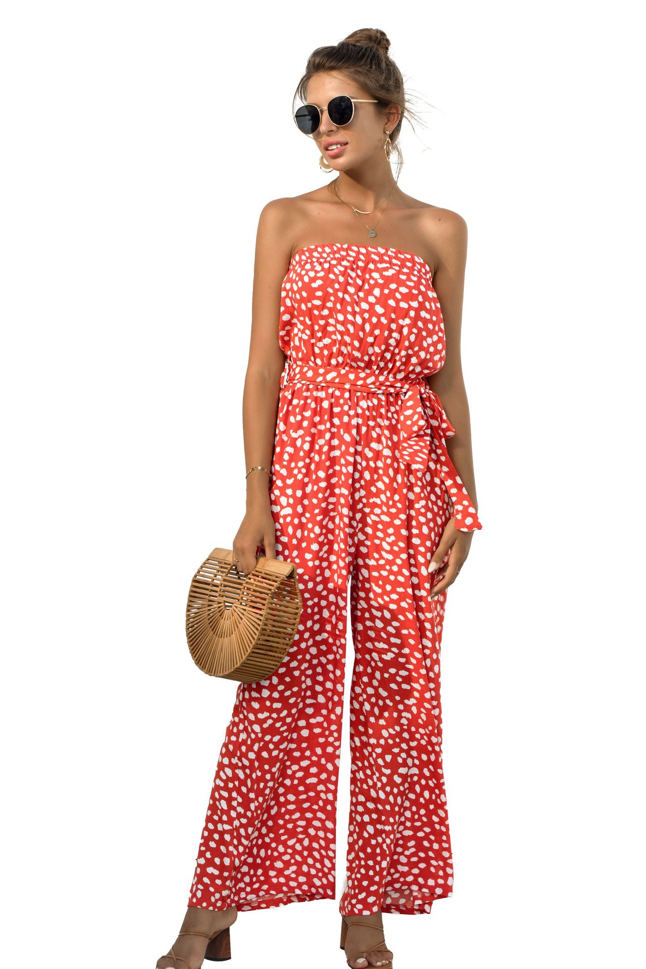 Nuevos productos de verano para mujer, nuevo mono de pierna ancha con cordones y estampado de lunares en forma de corazón y top de tubo sexy_voghion.com