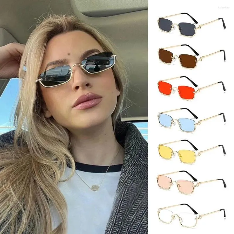Lunettes de soleil en métal pour femmes, style rétro, hip-hop, vintage, petites, carrées, demi-montures, pour femmes et hommes_voghion.com